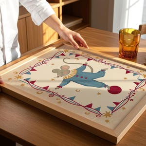 Whimsical mouse nursery print inspired by antique circus posters and traditional children's book illustrations