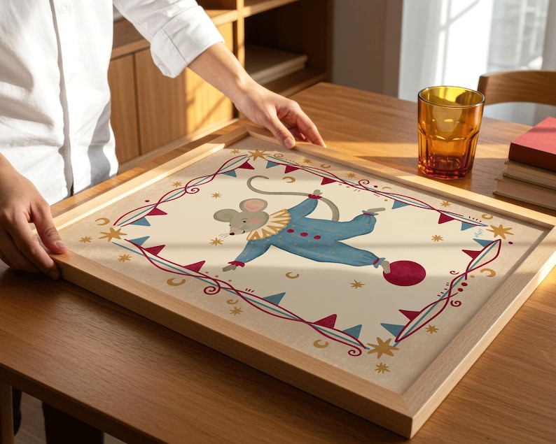 Whimsical mouse nursery print inspired by antique circus posters and traditional children's book illustrations