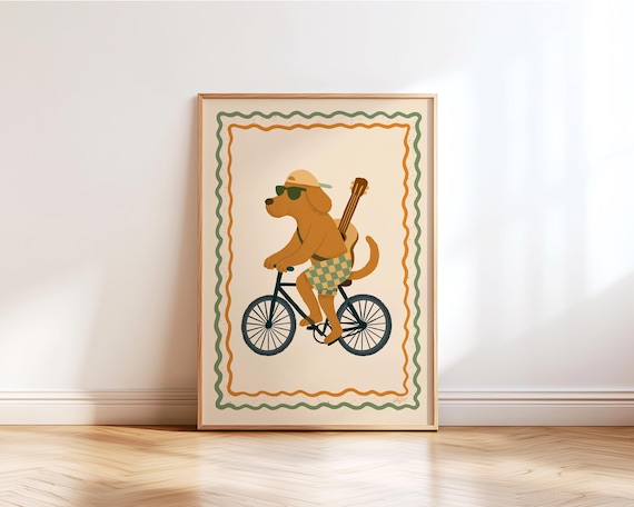 Dog on Bike Wall Art Boho Nursery Decor Funny Animal Poster Kids Room Playroom Boys Nursery Toddler Bedroom Montessori Baby Shower Gift