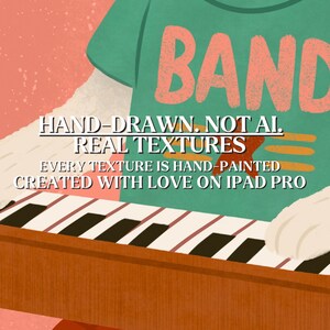 May include: Illustration of a white cat playing a keyboard. The cat wears a green shirt with the word "BAND" in orange. The image includes the text "HAND-DRAWN, NOT AI. REAL TEXTURES. EVERY TEXTURE IS HAND-PAINTED. CREATED WITH LOVE ON IPAD PRO."