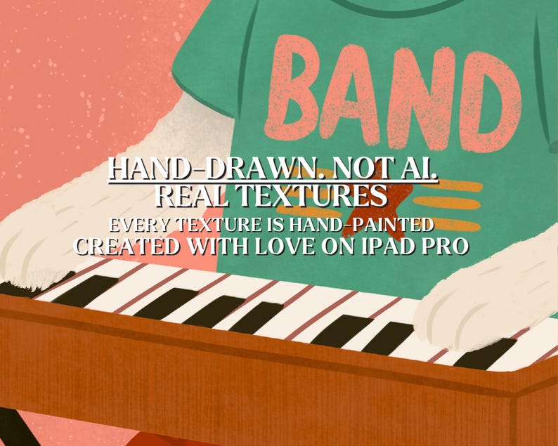 May include: Illustration of a white cat playing a keyboard. The cat wears a green shirt with the word "BAND" in orange. The image includes the text "HAND-DRAWN, NOT AI. REAL TEXTURES. EVERY TEXTURE IS HAND-PAINTED. CREATED WITH LOVE ON IPAD PRO."