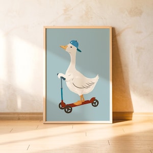 Goose on Scooter Wall Art Duck Illustration Nursery Poster Animal Print for Baby Boy Room Playroom Decor Kids Bedroom Artwork Cute Bird