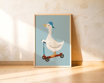 Goose on Scooter Wall Art Duck Illustration Nursery Poster Animal Print for Baby Boy Room Playroom Decor Kids Bedroom Artwork Cute Bird