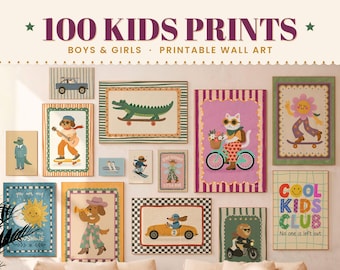 Kids Wall Art Bundle, 100 Retro Animal Prints for Playroom or Nursery