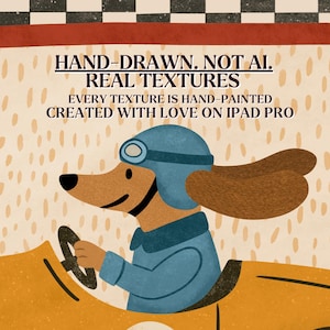 Op de afbeelding: Illustratie van een teckel met een blauwe pilotenhelm die in een gele raceauto rijdt. De afbeelding bevat de tekst "HAND-DRAWN. NOT AI. REAL TEXTURES. EVERY TEXTURE IS HAND-PAINTED. CREATED WITH LOVE ON IPAD PRO."