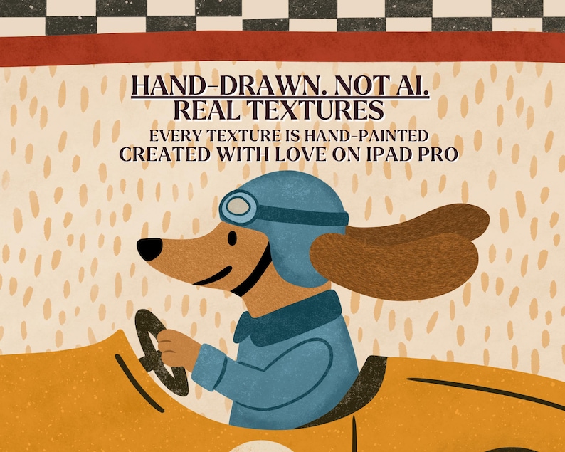 Op de afbeelding: Illustratie van een teckel met een blauwe pilotenhelm die in een gele raceauto rijdt. De afbeelding bevat de tekst "HAND-DRAWN. NOT AI. REAL TEXTURES. EVERY TEXTURE IS HAND-PAINTED. CREATED WITH LOVE ON IPAD PRO."