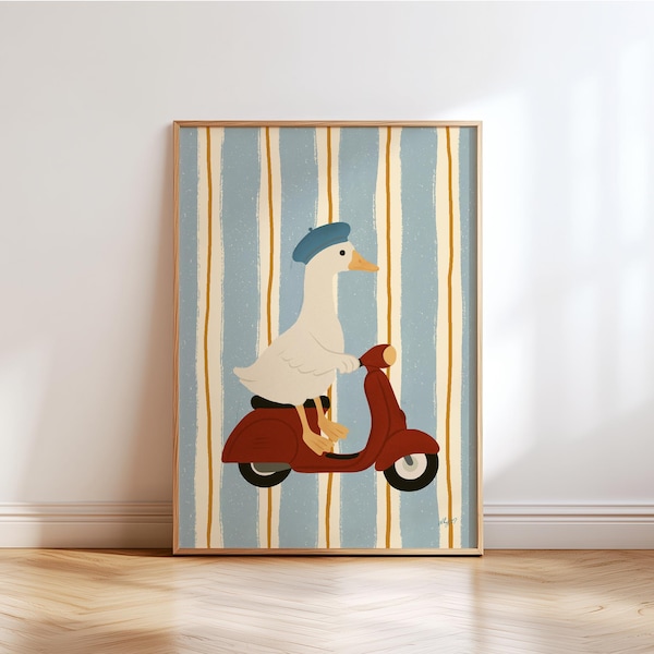 Oca da parete, Scooter vintage, Poster stampabile, Decorazione per la cameretta dei bambini, Illustrazione di animali costieri, Regalo retrò per baby shower, Montessori