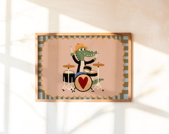 Crocodile Drummer Wall Art Retro Music Poster Kids Room Decor Printable Animal Musician Illustration Indie Aesthetic Nursery Artwork