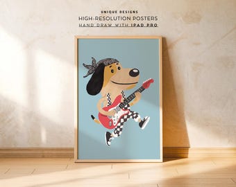 May include: A cartoon illustration of a dog wearing a bandana and playing an electric guitar. The dog is wearing black and white checkered pants and has a light blue background.