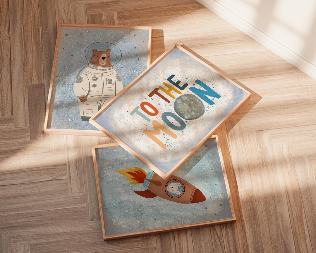 Space Nursery Wall Art Set Blue Astronaut Bear Rocket to the Moon Print ...