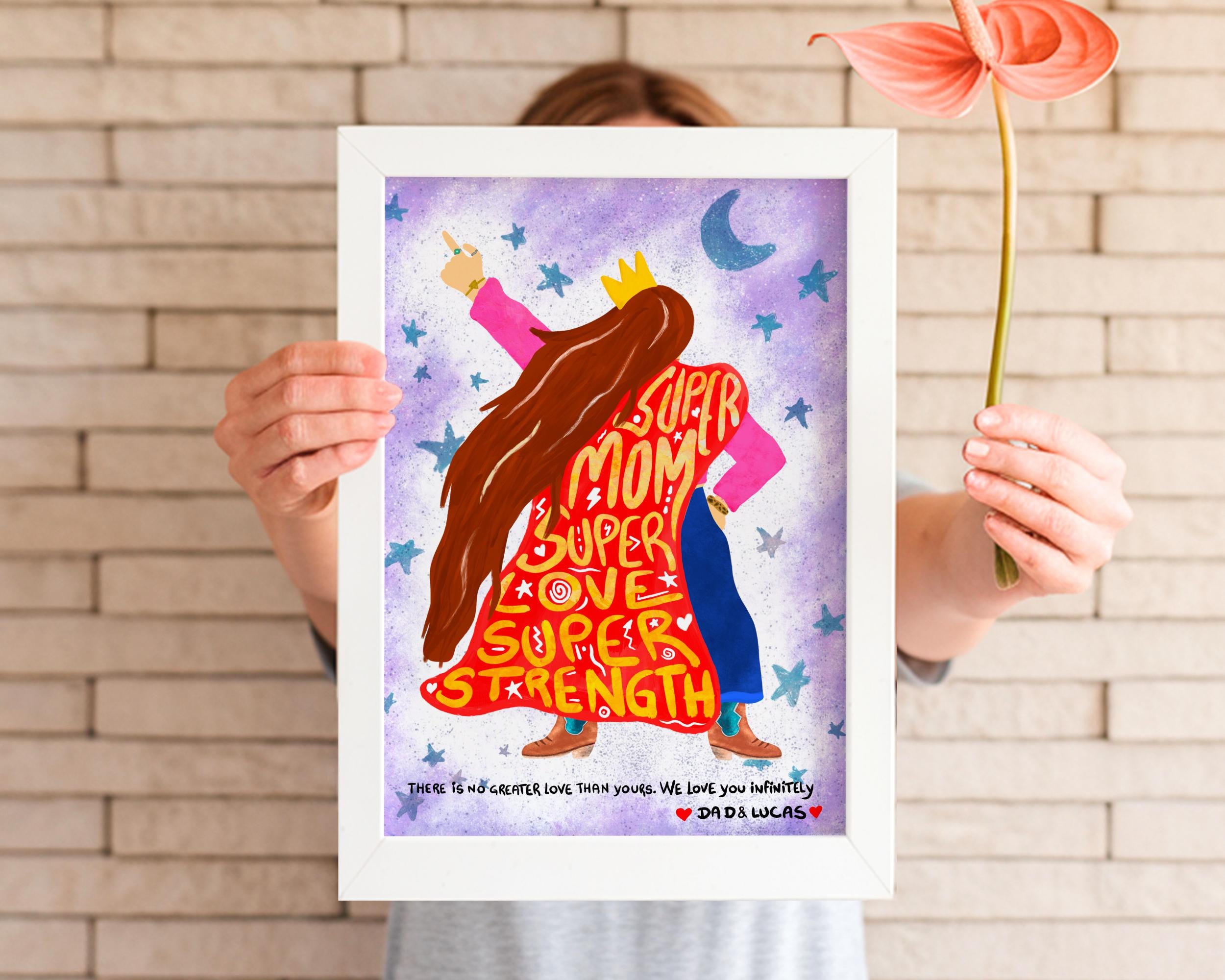 Personalized Super Mom Poster Custom Printable Gift for Mother Unique Wall Art for Mom Grandma or Wife Hand Drawn Illustration from Kids