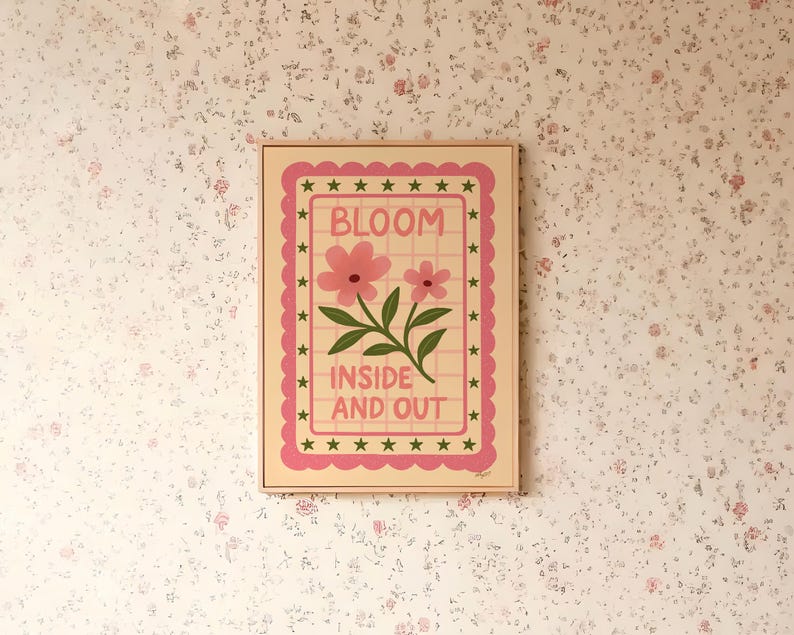 girls room wall decor with boho vintage flower illustration print