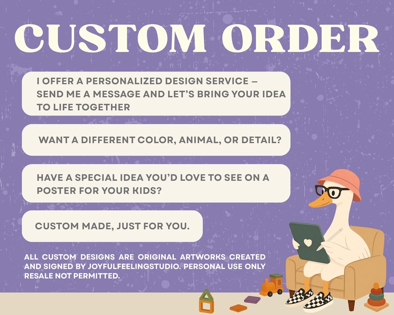 May include: A custom order poster design advertisement. The image features a cartoon duck wearing glasses and a hat, sitting in a chair and holding a tablet. Text includes "CUSTOM ORDER" and details about personalized design services for posters.