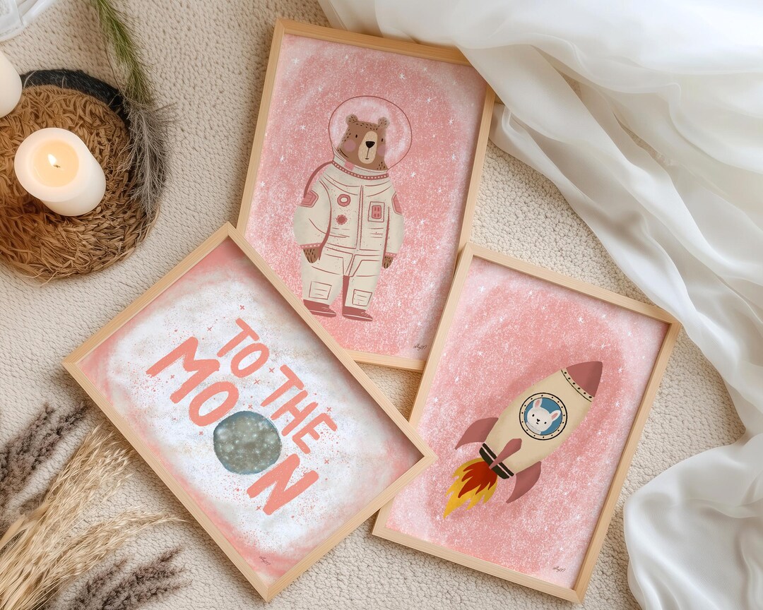 Space Nursery Wall Art Set Astronaut Bear Rocket to the Moon Print Boho ...