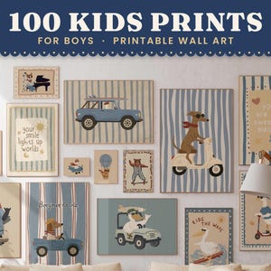 Puede incluir: Una colección de láminas de arte mural con ilustraciones de animales, vehículos y texto. Las láminas incluyen un perro en un scooter, un oso en un monopatín, un coche azul y texto como 100 KIDS PRINTS FOR BOYS, your smile lights up worlds y Bonjour la vie.