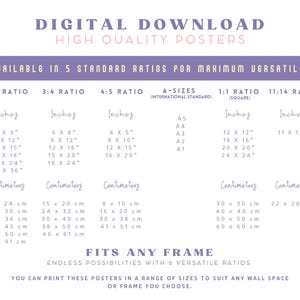 May include: A chart showing different standard aspect ratios for digital posters, including 2:3, 3:4, 4:5, 1:1, and 11:14. The chart also includes international standard A-sizes, with measurements in inches and centimeters.