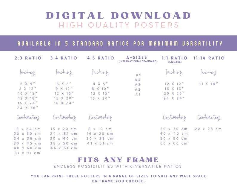 May include: A chart showing different standard aspect ratios for digital posters, including 2:3, 3:4, 4:5, 1:1, and 11:14. The chart also includes international standard A-sizes, with measurements in inches and centimeters.