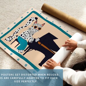 May include: A whimsical illustration of a spotted cat wearing sunglasses and playing a piano. The cat is wearing a blue and white outfit and is set against a teal and beige background.