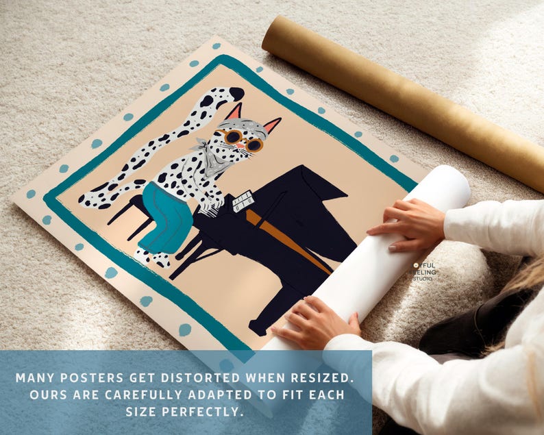 May include: A whimsical illustration of a spotted cat wearing sunglasses and playing a piano. The cat is wearing a blue and white outfit and is set against a teal and beige background.