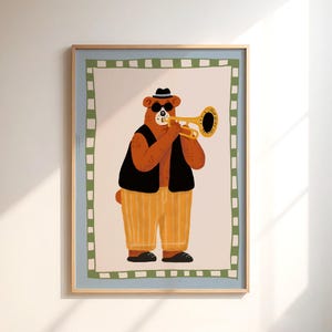 Cooles Jazz-Bär-Trompeten-Wandbild, Retro-Musik-Poster, stilvoller Tierdruck, druckbare Kunst für Kinder, Musikliebhaber, Boho-Kinderzimmer, Kinderzimmer, druckbar