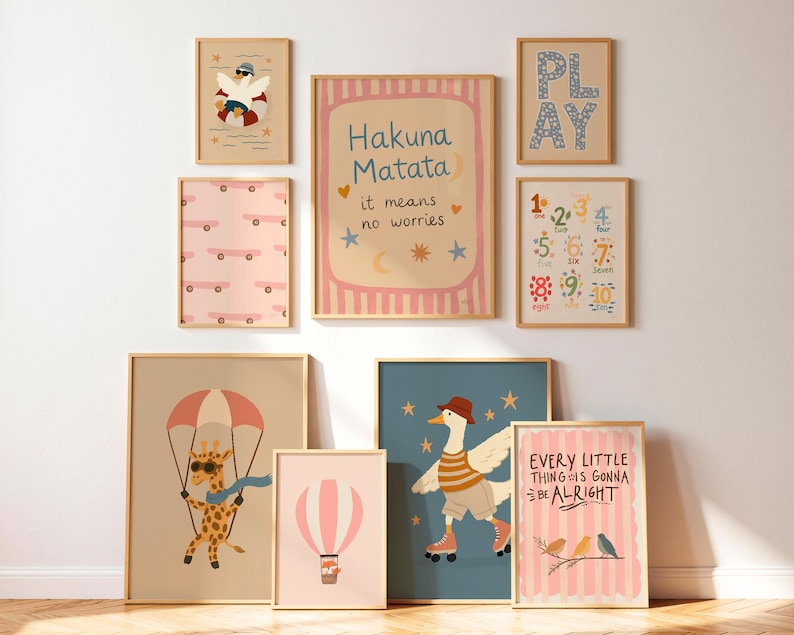 Nursery gallery wall with 100 printable animal posters for kids room decor and Montessori style playroom