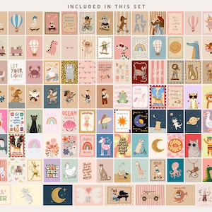 May include: A collection of illustrated art prints featuring whimsical animals, rainbows, and inspirational quotes. The prints are in various colors, including pink, blue, and yellow. Text includes "Girl Power", "Let Your Light", and "Good Vibes".