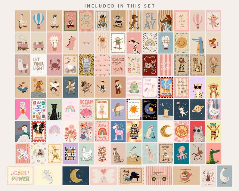 May include: A collection of illustrated art prints featuring whimsical animals, rainbows, and inspirational quotes. The prints are in various colors, including pink, blue, and yellow. Text includes "Girl Power", "Let Your Light", and "Good Vibes".