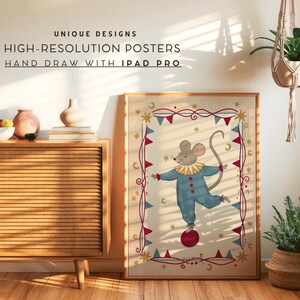 Vintage inspired circus animal print with soft colors and hand painted textures for nursery and kids room decor