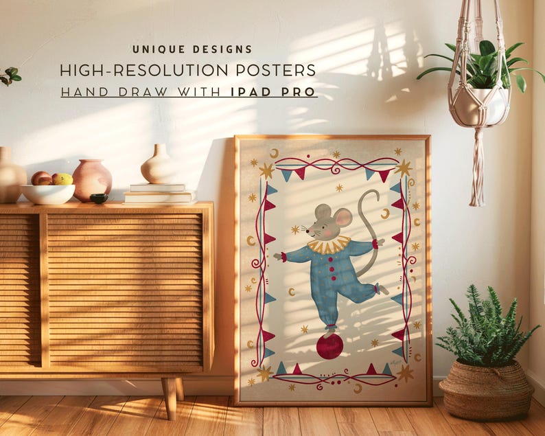 Vintage inspired circus animal print with soft colors and hand painted textures for nursery and kids room decor
