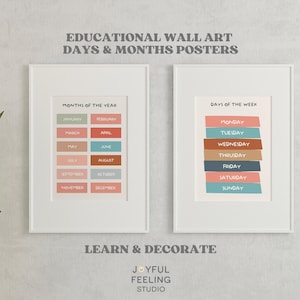Days and Months Poster Set Kids Wall Art Educational Calendar Decor Playroom Printable Modern Classroom Montessori Visual Learning Print