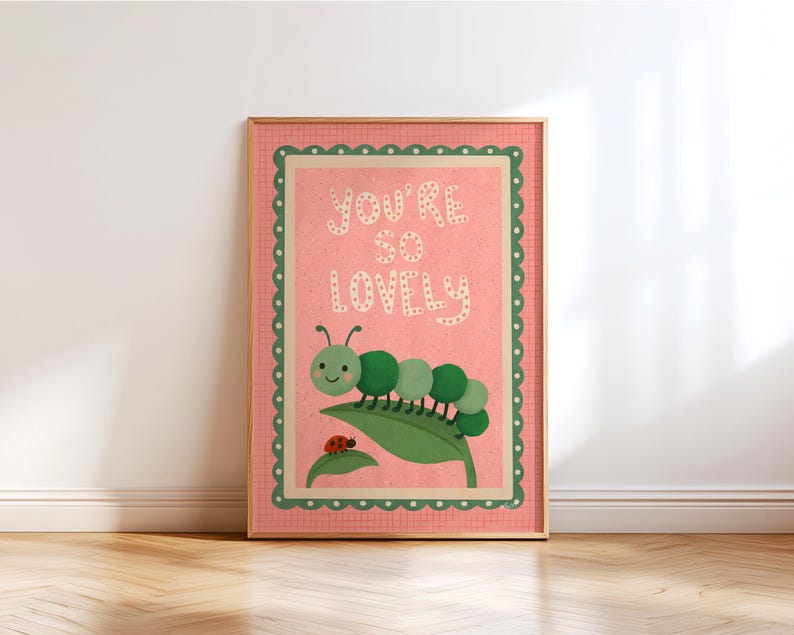 boho nursery wall art with caterpillar and ladybug illustration