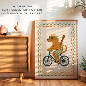May include: Framed poster featuring a cartoon dog riding a bicycle with a guitar on its back. The dog wears sunglasses, a hat, and checkered shorts. The poster has a decorative border and text that reads "UNIQUE DESIGNS, HIGH-RESOLUTION POSTERS, HAND DRAW WITH IPAD PRO."