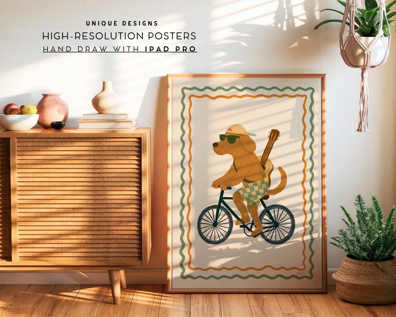 May include: Framed poster featuring a cartoon dog riding a bicycle with a guitar on its back. The dog wears sunglasses, a hat, and checkered shorts. The poster has a decorative border and text that reads "UNIQUE DESIGNS, HIGH-RESOLUTION POSTERS, HAND DRAW WITH IPAD PRO."