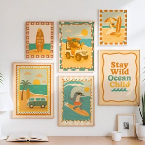 Surf Poster Bundle for Kids Room Set of 6 Boho Beach Nursery Prints Coastal Summer Wall Art Animal Ocean Decor Whimsical Gender Neutral