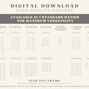 May include: A beige poster with size charts for digital prints, including inches and centimeters. Text reads "DIGITAL DOWNLOAD HIGH QUALITY POSTERS" and lists various aspect ratios and A-size options. The poster is designed to fit any frame.