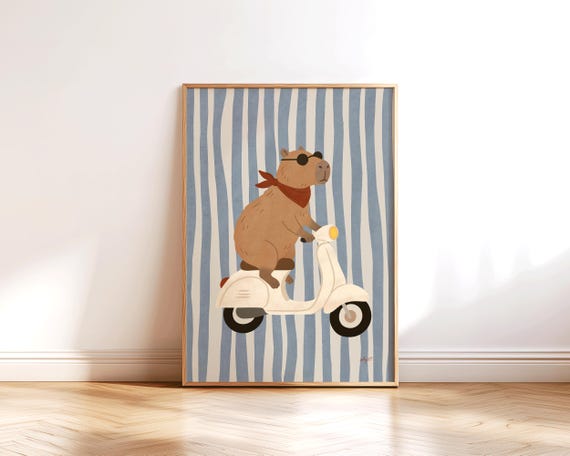 Cool Capybara Wall Art Printable Poster Scooter Kids Room Decor Coastal Boys Bedroom Blue Stripe Nursery Print Funny Animal