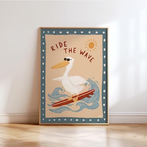 Surfer Pelican Wall Art Kids Room Decor Beach Nursery Print Coastal Animal Poster Ride The Wave Ocean Theme Playroom Gift Montessori Art