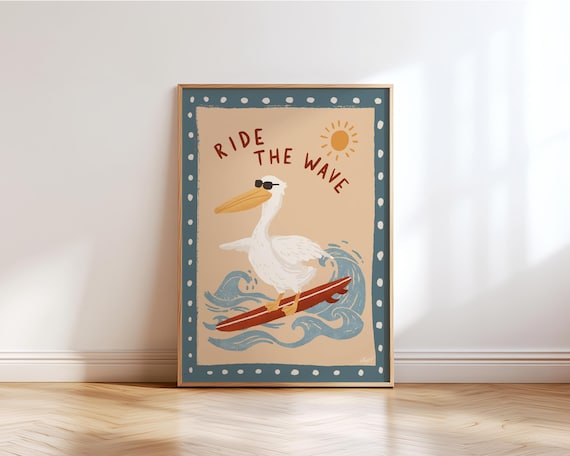Surfer Pelican Wall Art Kids Room Decor Beach Nursery Print Coastal Animal Poster Ride The Wave Ocean Theme Playroom Gift Montessori Art