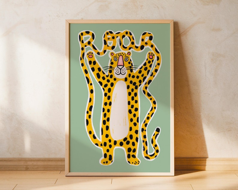 Cheetah Wall Art Kids Room Poster Leopard Roar Print Nursery Decor Playful Jungle Animal Art Childrens Bedroom Playroom Unique Design