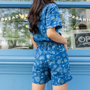 New! Porto Two Piece Shorts & Button Up Set - Blue Floral Print, Romper, Play Set,