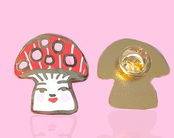 Mushroom Face Gold Enamel Pin | Gold & Red | Gardening pin