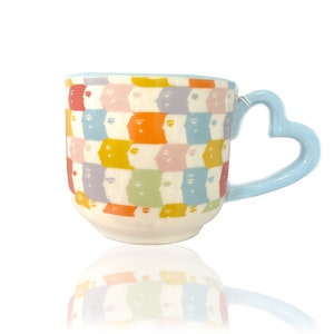Rainbow Check Faces Mug | Valentine&#39;s Gift | Heart Handle | Coffee Mug