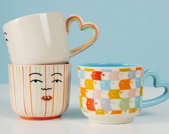 Striped Faces Mug | Heart Handle | Coffee Mug |