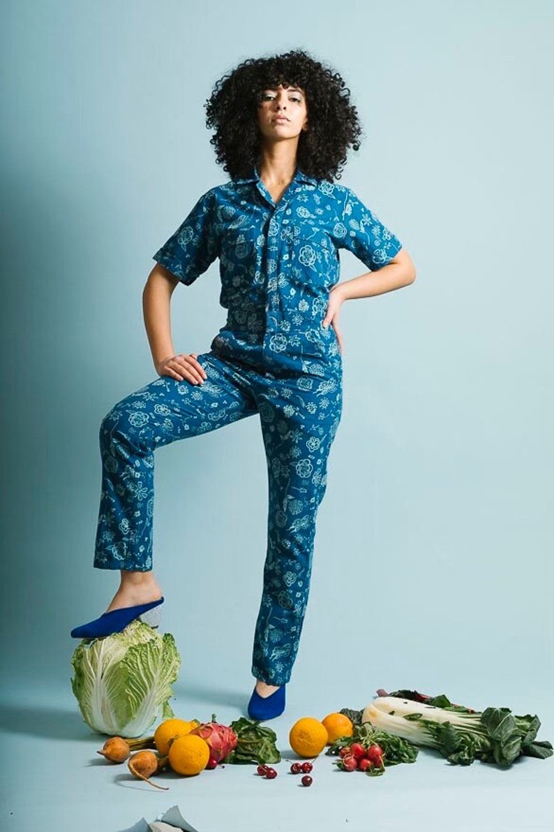 Blue Floral Jumpsuit Printed jumpsuit Boiler-suit Romper Batik image 1