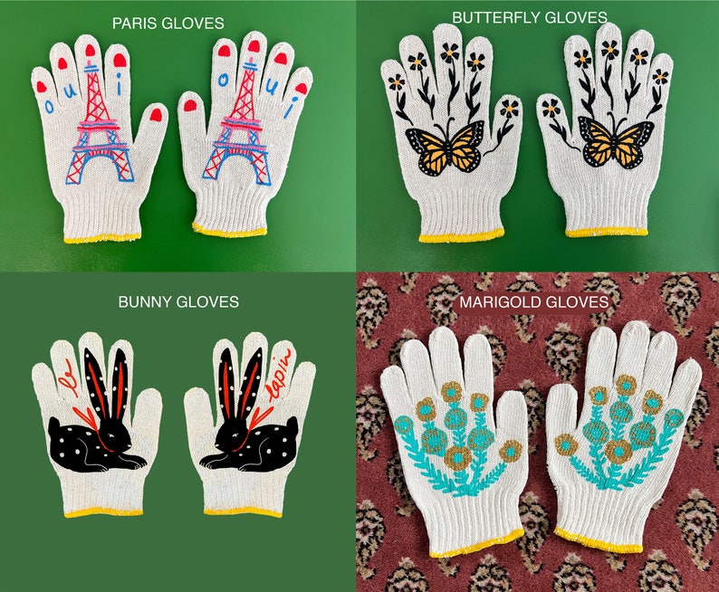 May include: Four pairs of white cotton work gloves with different embroidered designs. The designs include a Parisian Eiffel Tower, butterflies, bunnies, and marigolds.