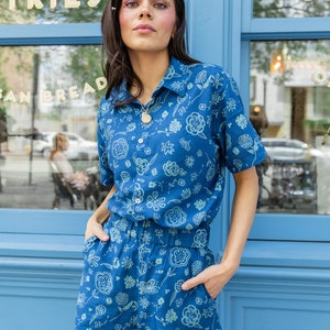 New! Porto Two Piece Shorts & Button Up Set - Blue Floral Print, Romper, Play Set,
