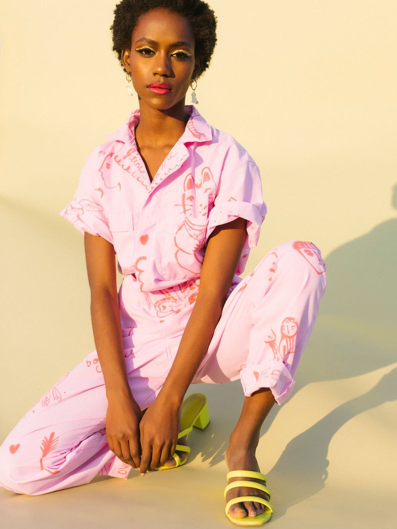 New* Lucky Cat Jumpsuit Hand-dyed Hand-painted
