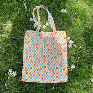 The Perfect Tote, Rainbow Check Faces Tote Bag, toile recyclée, sac d'épicerie, cartable, image 2