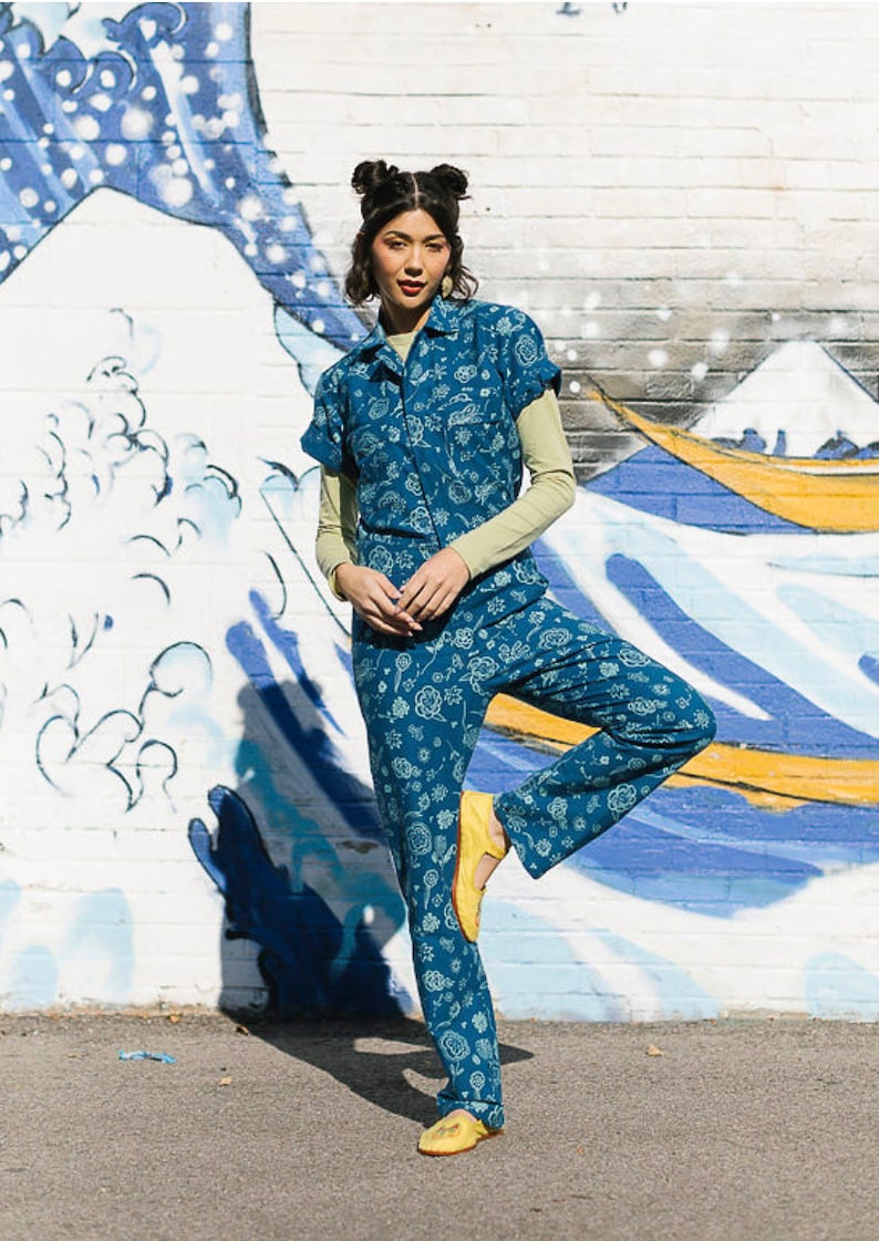 Blue Floral Jumpsuit Printed jumpsuit Boiler-suit Romper Batik image 8