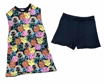 Brenda Knit Two-Piece Set- Navy Blue Floral | Retro Knit 60&#39;s midi dress with shorts